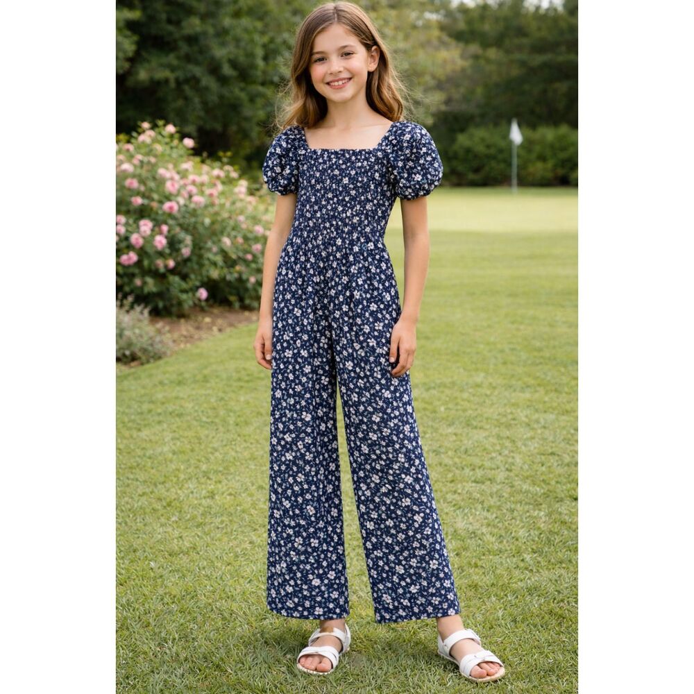 Nordstrom Girls Floral Smocked Jumpsuit Size M 8/10 Navy Puff Sleeve Wide Leg #9